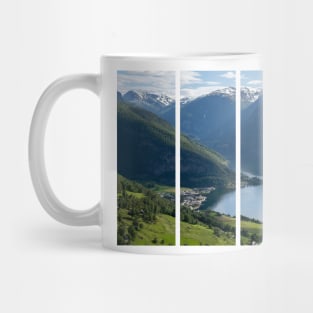 Wonderful landscapes in Norway. Vestland. Beautiful scenery of Aurland fjord from the Aurlandsvangen view point facing to the village of Aurland and Flam. Sunny day Mug